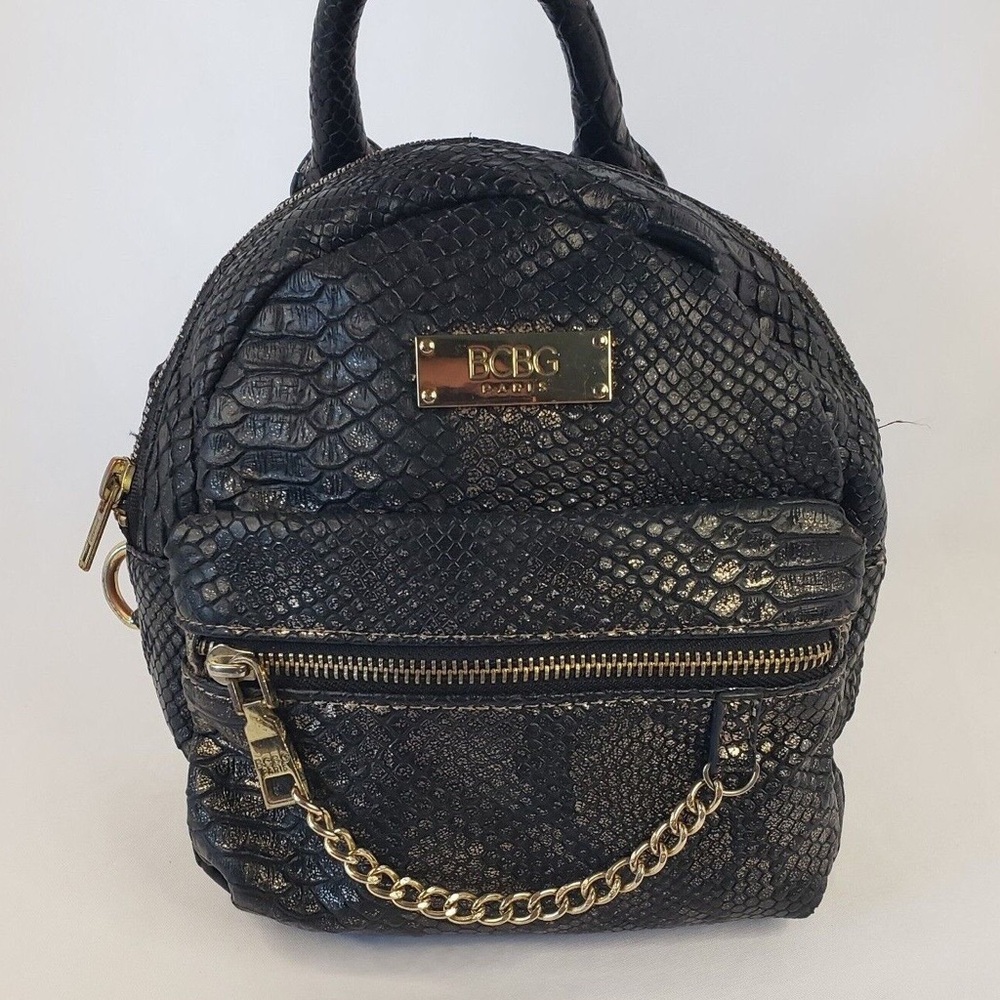 BCBG Paris Leather Black Gold Snake Mini Backpack